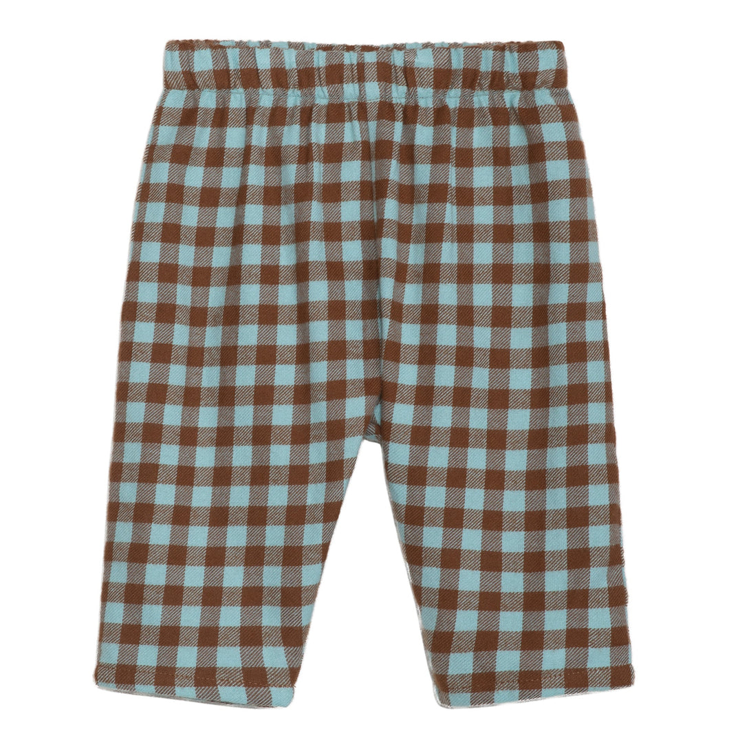 Plaid pants with brown and light blue pattern on a white background