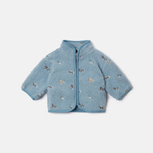 Load image into Gallery viewer, A light blue sherpa fleece zip-up jacket for toddlers, featuring a small all-over embroidered horse pattern
