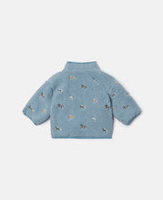 Load image into Gallery viewer, A light blue sherpa fleece jacket with a high mock neck collar, featuring an all-over horse embroidered pattern 
