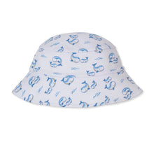 Load image into Gallery viewer, White bucket hat with blue whale pattern on a white background
