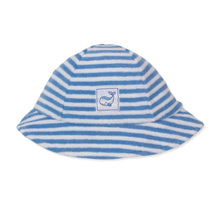 Load image into Gallery viewer, Blue and white striped bucket hat with a whale logo on a white background
