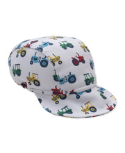 Load image into Gallery viewer, Children's cap with colorful tractor pattern on a white background
