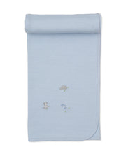 Load image into Gallery viewer, Light blue baby blanket with embroidered safari designs on a white background
