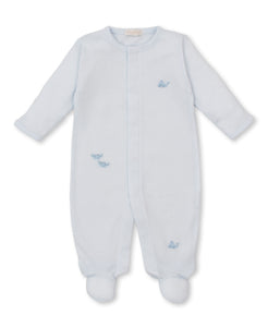 Crabs and Whales Hand Embroidered Footie - Blue