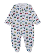 Load image into Gallery viewer, Baby onesie with colorful tractor pattern on a white background
