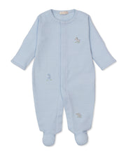 Load image into Gallery viewer, Blue baby onesie with embroidered safari designs on a white background
