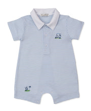 Load image into Gallery viewer, Baby romper with striped pattern, golf embroidery and collar on a white background
