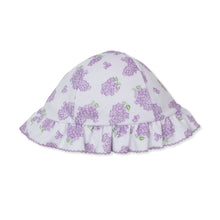 Load image into Gallery viewer, Baby hat with purple lilac floral pattern on a white background
