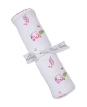 Load image into Gallery viewer, White swaddle blanket with pink golf cart pattern and Kissy Kissy label on a white background
