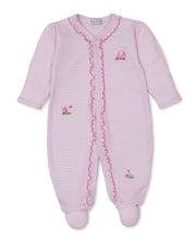 Load image into Gallery viewer, Pink and white striped baby onesie with embroidered golf designs on a white background
