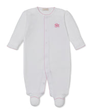 Load image into Gallery viewer, White baby onesie with pink trim on a white background
