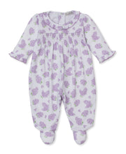 Load image into Gallery viewer, Baby onesie with purple floral lilac pattern on a white background
