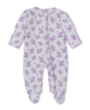 Load image into Gallery viewer, Baby onesie with purple lilac pattern on a white background
