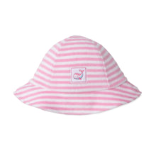 Load image into Gallery viewer, Pink and white striped bucket hat with a whale logo on a white background
