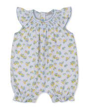 Load image into Gallery viewer, Baby romper with lemon and butterfly pattern on a white background
