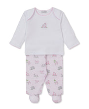 Load image into Gallery viewer, Baby outfit with long-sleeve top and pink safari patterned pants on a white background
