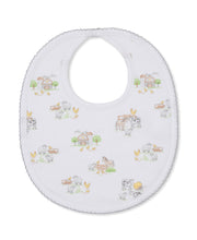 Load image into Gallery viewer, White baby bib with farm animal pattern on a white background
