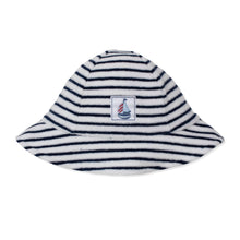Load image into Gallery viewer, Striped bucket hat with a boat logo on a white background
