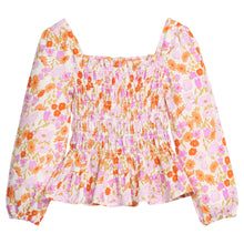 Load image into Gallery viewer, Girls/tween pink/orange floral patterned blouse with long sleeves that features elastic ruching across body of shirt and elastic cuffs for a secure but relaxed fit. 
