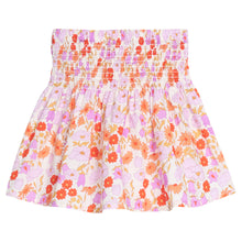 Load image into Gallery viewer, Girls/tween woven skort in a pink/orange floral print that features a ruching elastic detail at waist and built in shorts for a relaxed but secure fit. 
