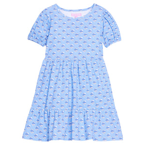 Girls/tween blue floral knit short sleeve dress that features elastic cuffs at sleeves and tier details to elevate the look. 