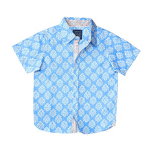 Load image into Gallery viewer, Blue floral patterned shirt on a white background
