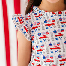 Load image into Gallery viewer, Dress with red, white, and blue pattern featuring cars and landmarks on a white background.
