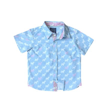 Load image into Gallery viewer, Light blue shirt with puppy pattern on a white background
