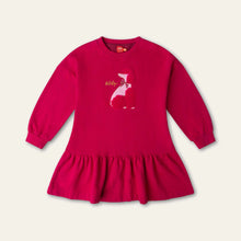 Load image into Gallery viewer, A bright magenta long-sleeve dress with a ruffled hem, featuring a pink and white poodle graphic with the word 'oilily' on the chest
