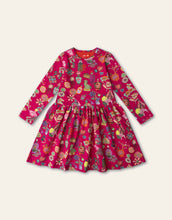 Load image into Gallery viewer, A long-sleeve children's dress in bright pink with a colorful all-over print of flowers, butterflies, and small motifs
