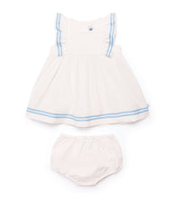 Load image into Gallery viewer, White Dress with Blue Embroidered Ruffle and Bloomers
