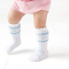 Load image into Gallery viewer, Blue Bow Scalloped Knee Socks
