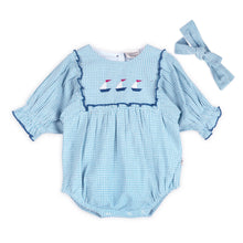 Load image into Gallery viewer, Blue checkered baby romper with sailboat embroidery and matching headband 
