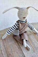 Load image into Gallery viewer, Ruthie the Rabbit – Heirloom Wool Doll in Harbor Stripe with Linen Overalls
