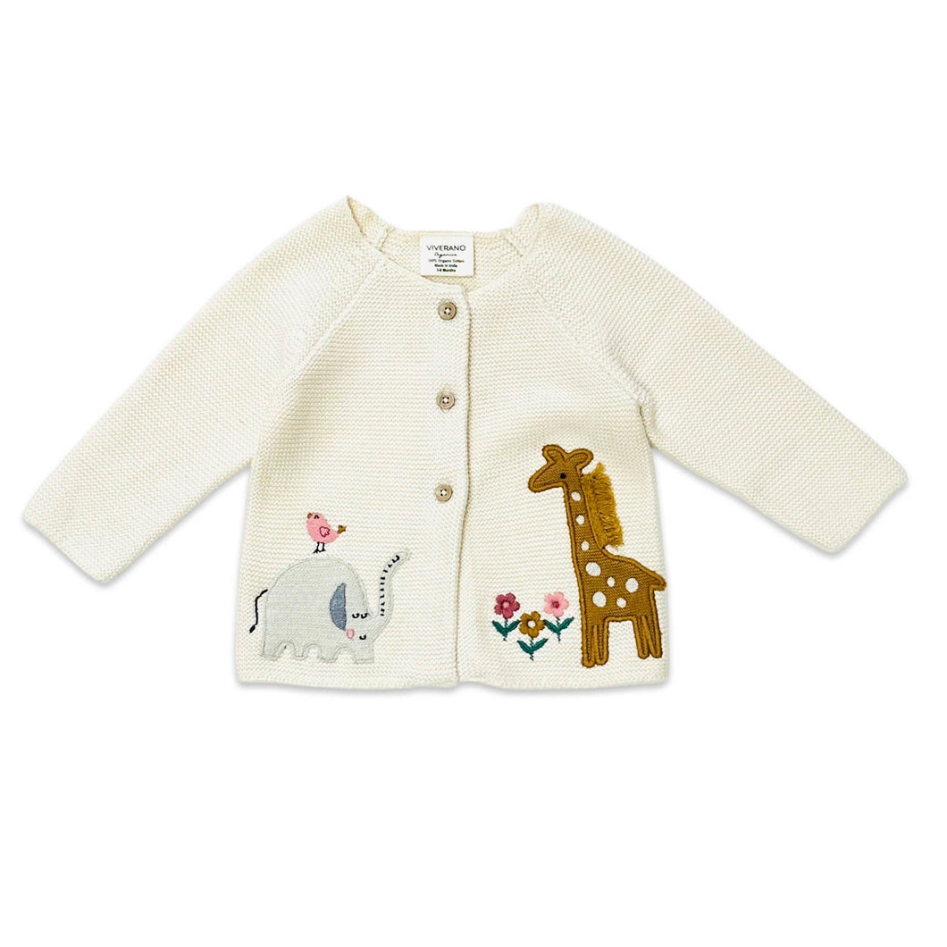 Baby cardigan with animal appliqués on a white background