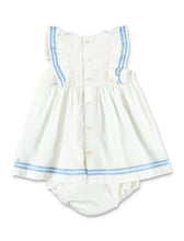 Load image into Gallery viewer, White Dress with Blue Embroidered Ruffle and Bloomers
