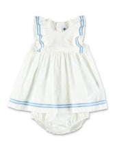 Load image into Gallery viewer, White Dress with Blue Embroidered Ruffle and Bloomers

