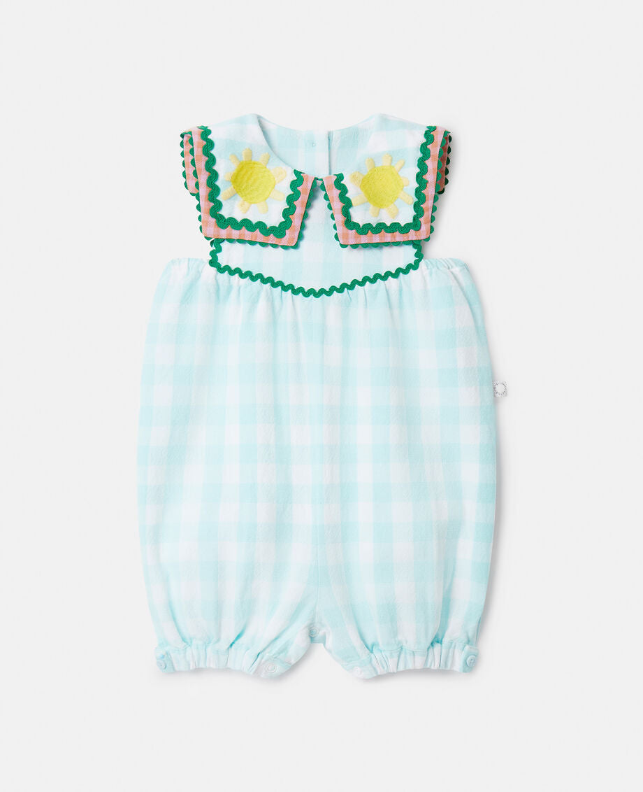 Baby Check Jumpsuit with Sunflower Embroidery