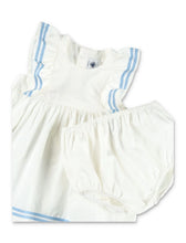 Load image into Gallery viewer, White Dress with Blue Embroidered Ruffle and Bloomers
